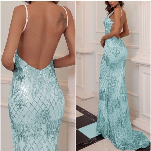 Mint blue Baroque Spaghetti Strap, Sleeveless,  Sequined Mermaid Maxi Go… - Picture 3 of 14